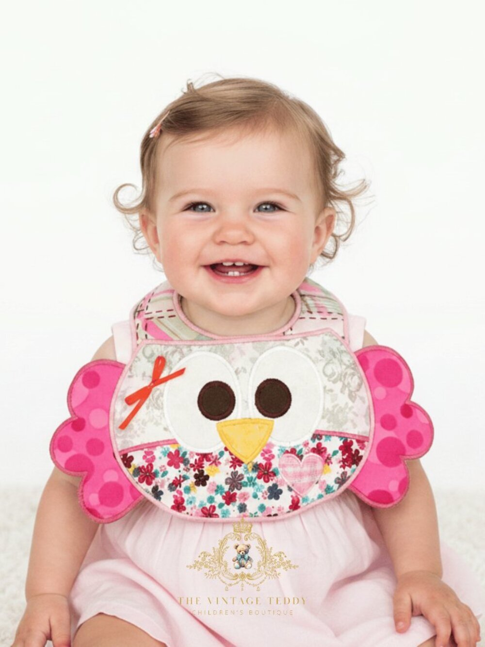 NWT Adorable Girl Boutique Embroidered Patchwork Baby Bib Floral Polkadots Owl